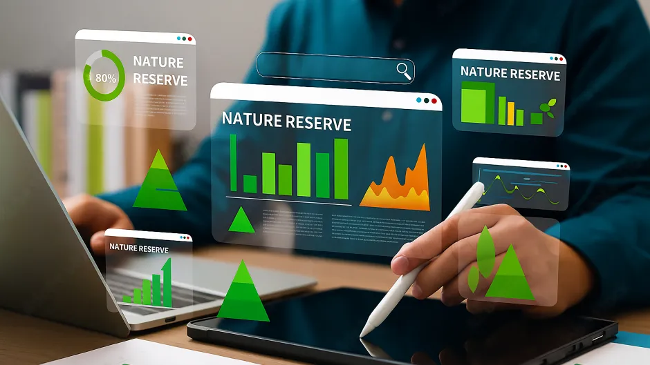 Blick auf eine Person am Laptop und Tablet - darüber grafische Darstellungen mit Balkendiagrammen mit der Betitelung "Nature Reserve"